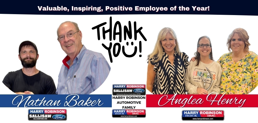 A celebratory image featuring employees Nathan Baker and Angela Henry, recognized as the Positive Employee of the Year. The background includes the text 'Thank You!' and logos for Harry Robinson dealerships.