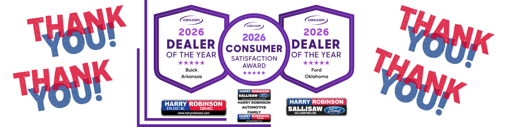 Graphic displaying the 2026 Dealer of the Year awards for Buick and Ford, highlighting satisfaction awards, surrounded by 'THANK YOU!' text.